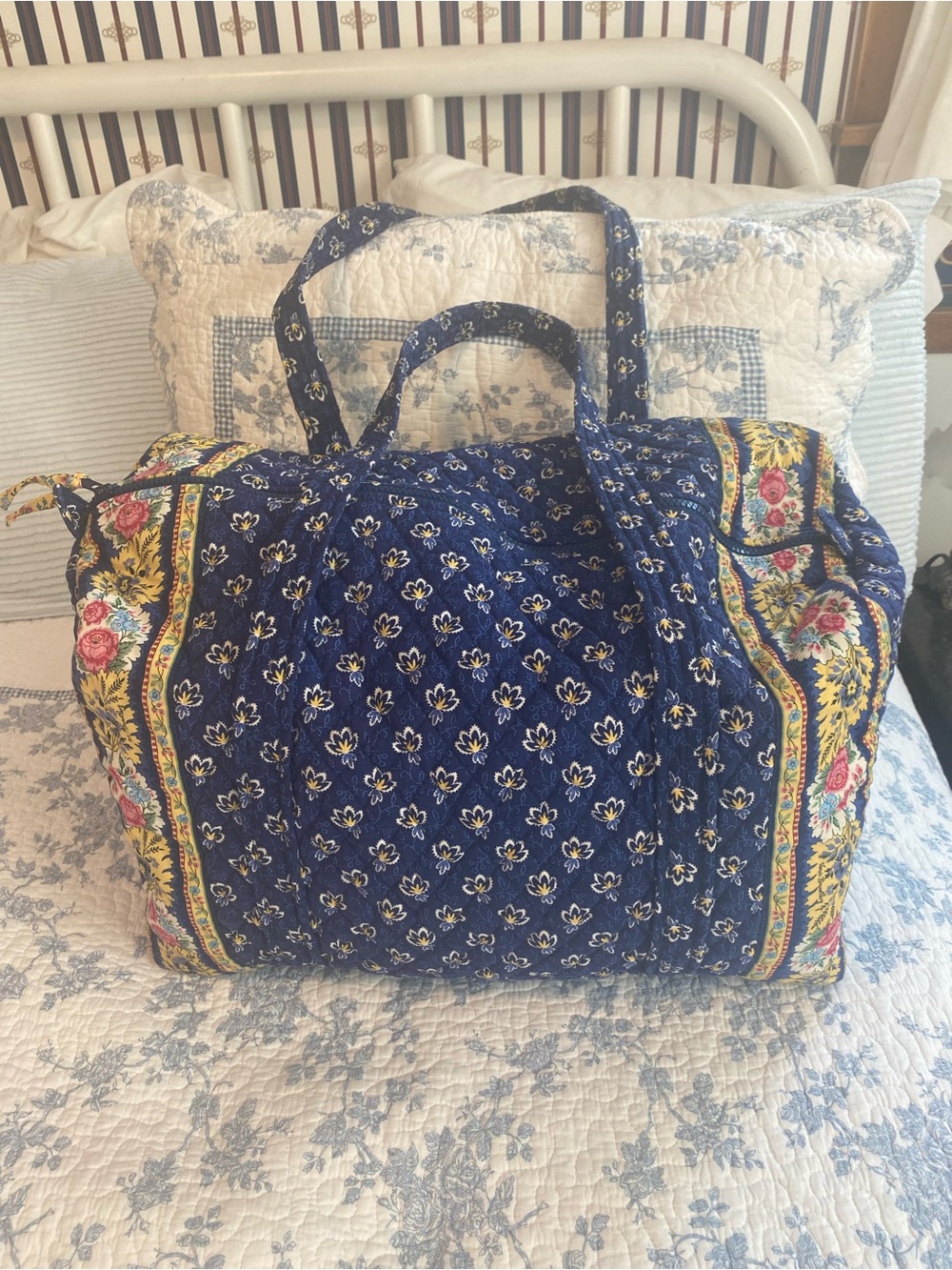 Vera Bradley Vintage Maison Blue Cotton Quilted Duffel Bag